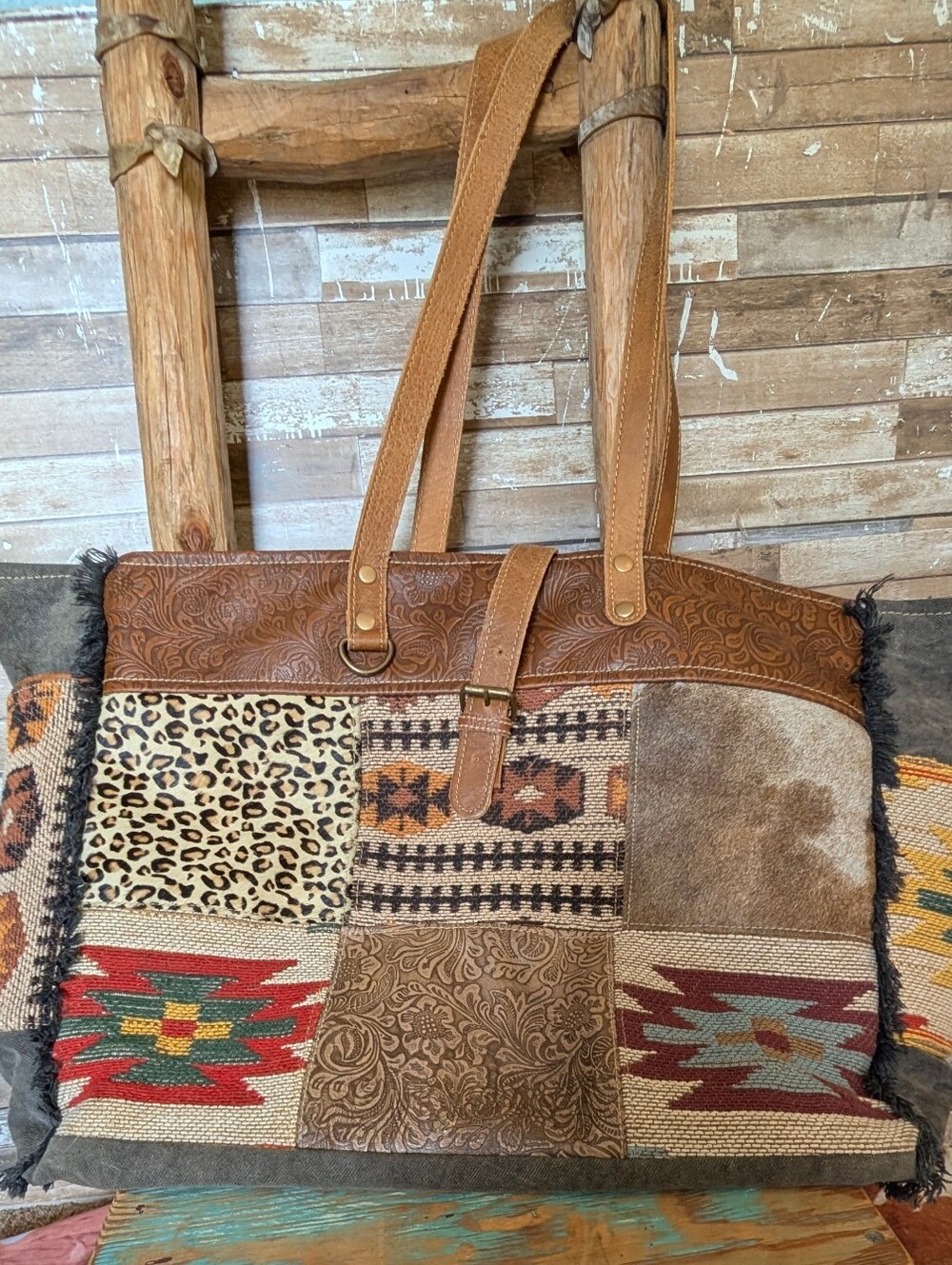 Myra Large Weekender Academia Tote Patchwork Brown Aztec Tooled And Hair Hide
